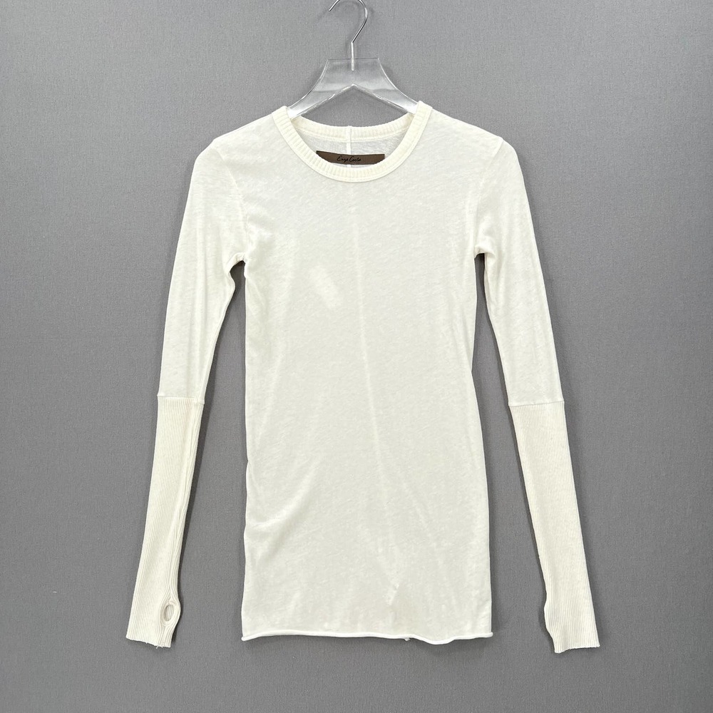 ENZA COSTA Shirt Womens Medium Cream Cashmere Cuffed Crew Long Sleeve Pullover - Picture 5 of 13